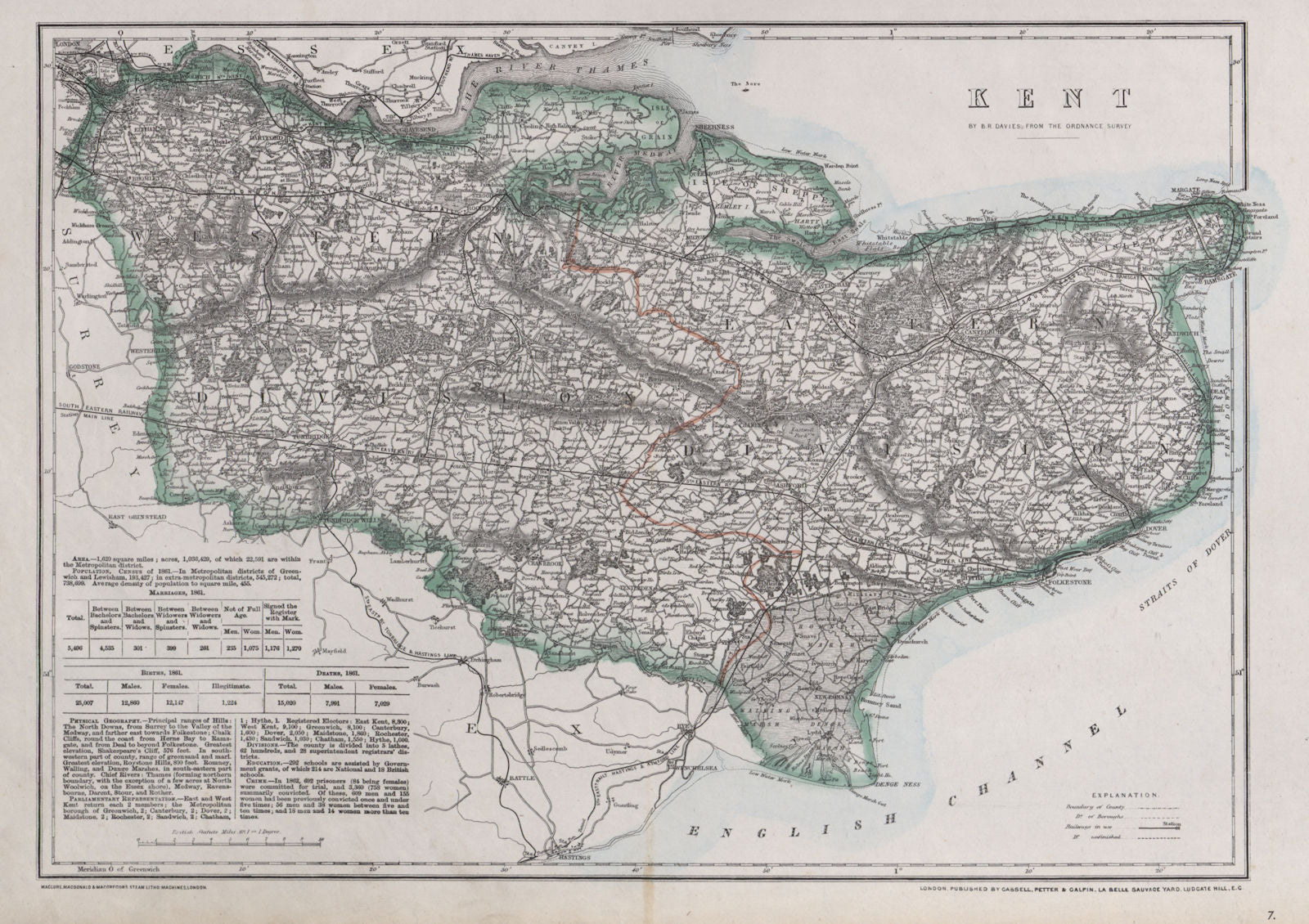 KENT. County map. Downs. Railways in use/under construction. BR DAVIES 1868